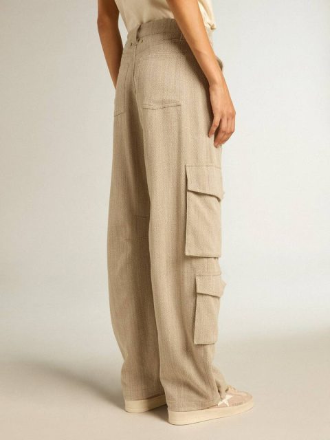 Dark Olive Jeans & Pants Golden Goose Women Women's Dark Olive-Colored Cotton Cargo Pants With A Herringbone Design - Image 4