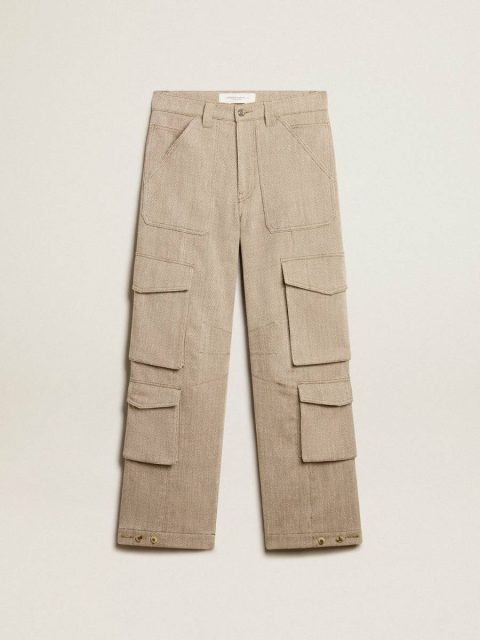 Dark Olive Jeans & Pants Golden Goose Women Women's Dark Olive-Colored Cotton Cargo Pants With A Herringbone Design