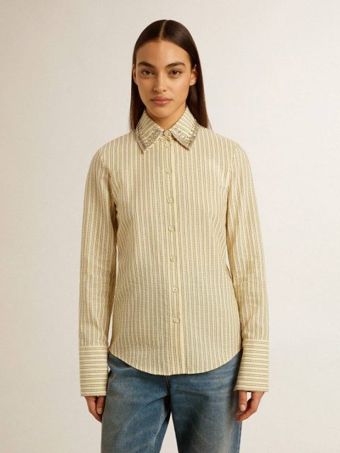Ecru Shirt With Stripes And Embroidered Crystals Golden Goose Women Ecru And Black Shirts - Image 2