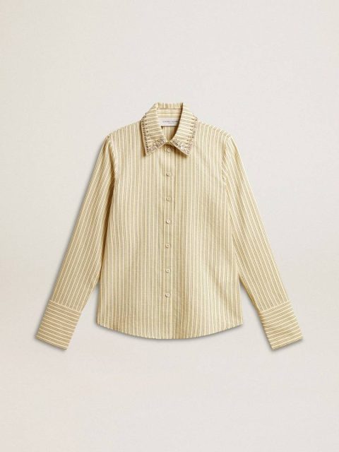 Ecru Shirt With Stripes And Embroidered Crystals Golden Goose Women Ecru And Black Shirts