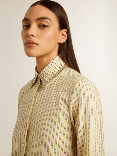 Ecru Shirt With Stripes And Embroidered Crystals Golden Goose Women Ecru And Black Shirts - Image 5