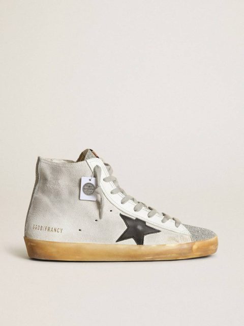 Francy Women Women’s Francy In White Suede With Black Leather Star And Silver Swarovski Crystal Tongue Golden Goose