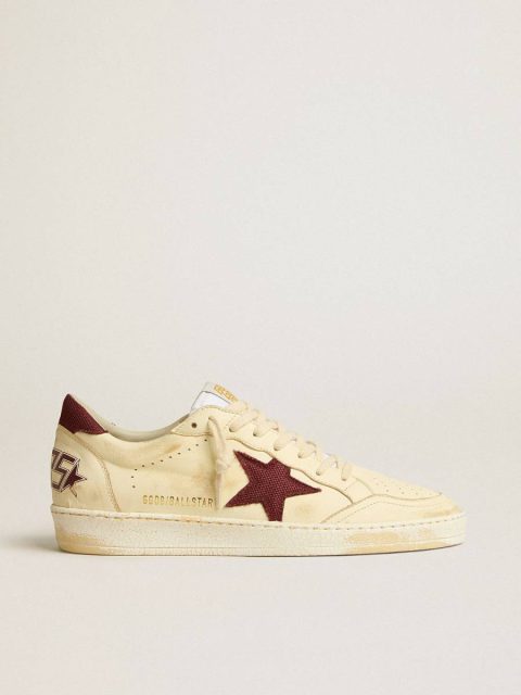 Golden Goose Ball Star Men's Ball Star In Beige Nappa With Burgundy Mesh Star And Heel Tab Men