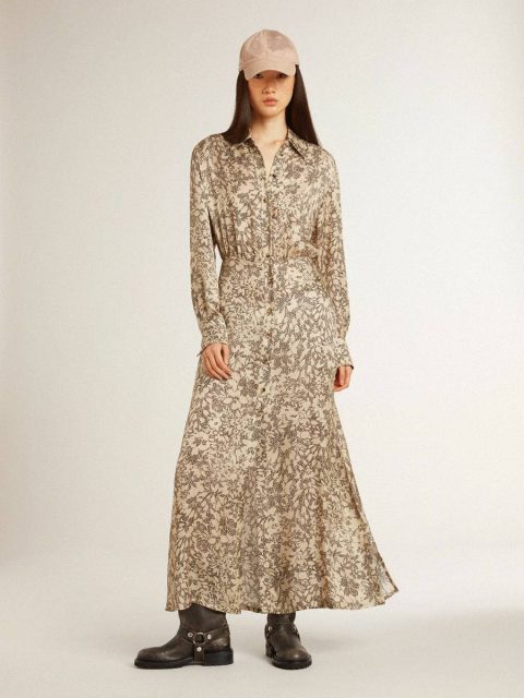Golden Goose Beige And Black Dresses & Jumpsuits Women Women's Silk-Blend Midi Dress With A Floral Print - Image 2