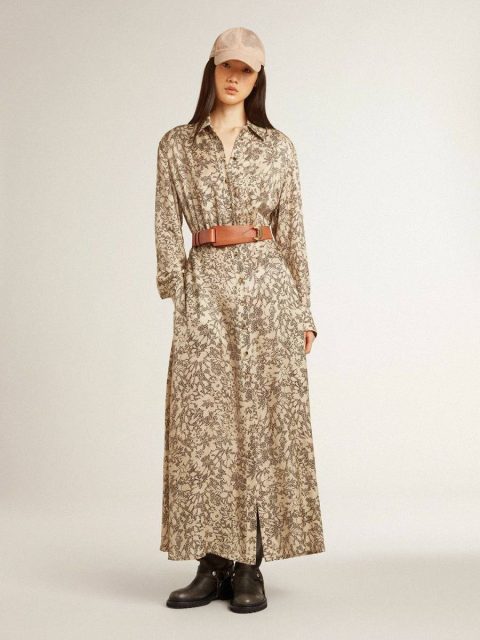 Golden Goose Beige And Black Dresses & Jumpsuits Women Women's Silk-Blend Midi Dress With A Floral Print - Image 3