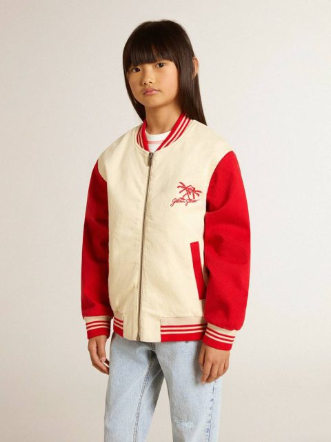 Golden Goose Beige And Red Topwear Selection (4-12 Years) Kids Kids' Bomber Jacket In Beige And Red Cotton With Embroidery On The Chest - Image 2