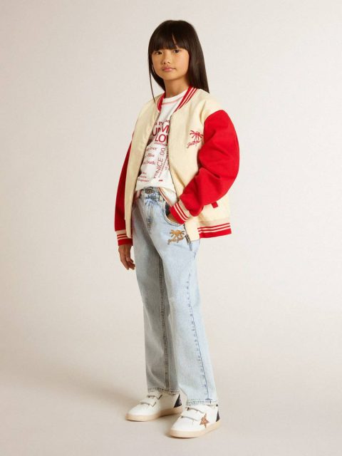 Golden Goose Beige And Red Topwear Selection (4-12 Years) Kids Kids' Bomber Jacket In Beige And Red Cotton With Embroidery On The Chest - Image 3