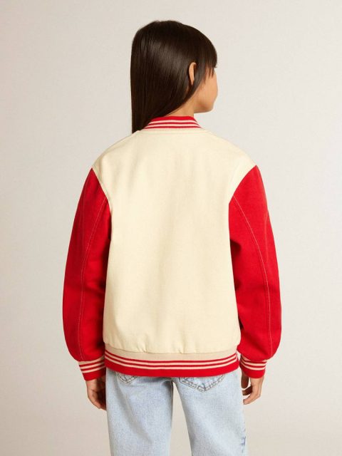 Golden Goose Beige And Red Topwear Selection (4-12 Years) Kids Kids' Bomber Jacket In Beige And Red Cotton With Embroidery On The Chest - Image 4