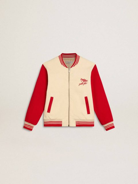 Golden Goose Beige And Red Topwear Selection (4-12 Years) Kids Kids' Bomber Jacket In Beige And Red Cotton With Embroidery On The Chest