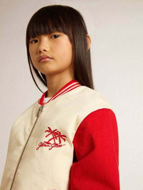Golden Goose Beige And Red Topwear Selection (4-12 Years) Kids Kids' Bomber Jacket In Beige And Red Cotton With Embroidery On The Chest - Image 5
