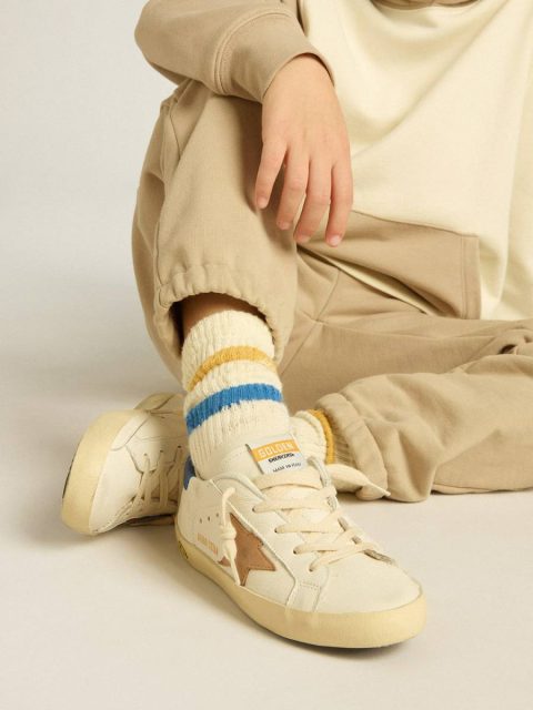 Golden Goose Bottomwear Selection (4-12 Years) Worn White Kids Socks With Distressed Details And Two-Tone Bright Blue And Mustard Stripes Worn White Kids - Image 2