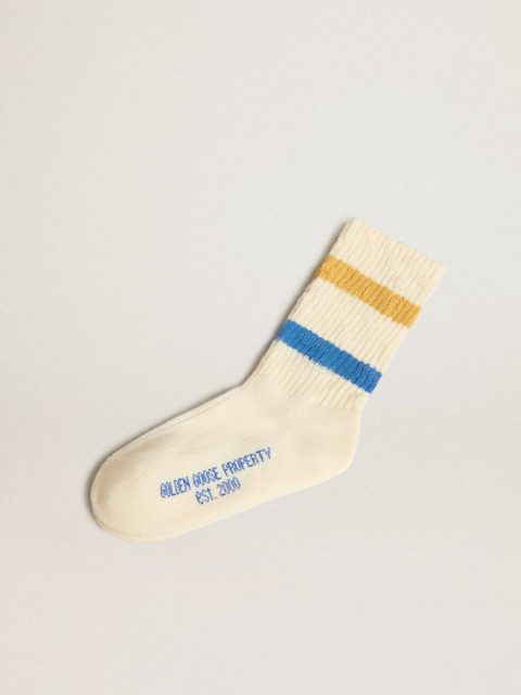 Golden Goose Bottomwear Selection (4-12 Years) Worn White Kids Socks With Distressed Details And Two-Tone Bright Blue And Mustard Stripes Worn White Kids