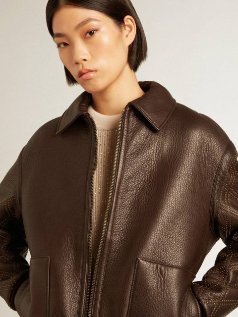Golden Goose Brown Nappa Leather Jacket With Studded Sleeves Coats & Jackets Women Dark Brown - Image 2
