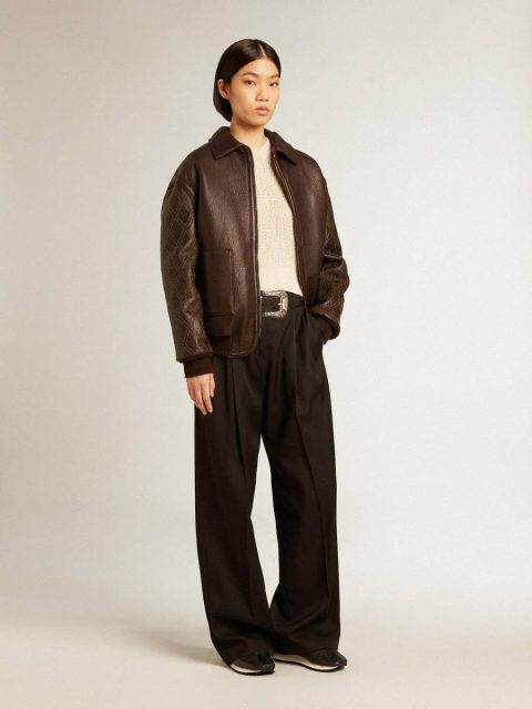 Golden Goose Brown Nappa Leather Jacket With Studded Sleeves Coats & Jackets Women Dark Brown - Image 3
