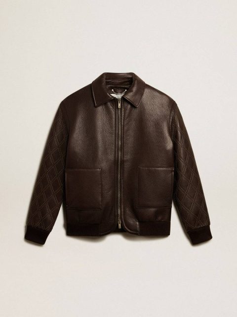 Golden Goose Brown Nappa Leather Jacket With Studded Sleeves Coats & Jackets Women Dark Brown