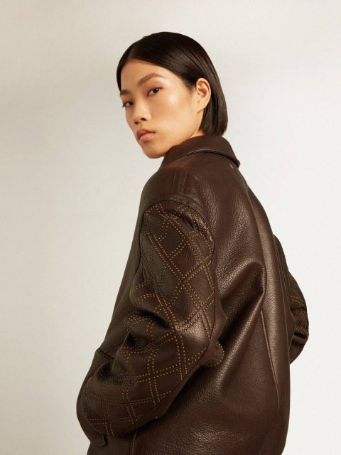 Golden Goose Brown Nappa Leather Jacket With Studded Sleeves Coats & Jackets Women Dark Brown - Image 5