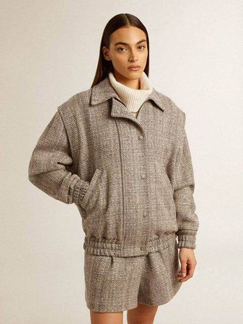 Golden Goose Coats & Jackets Ecru Brown Women Women's Bomber Jacket In Ecru Brown Herringbone Wool - Image 3
