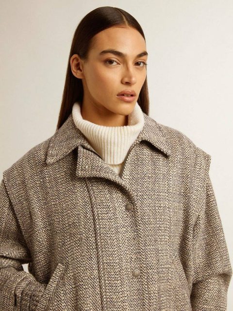 Golden Goose Coats & Jackets Ecru Brown Women Women's Bomber Jacket In Ecru Brown Herringbone Wool - Image 5