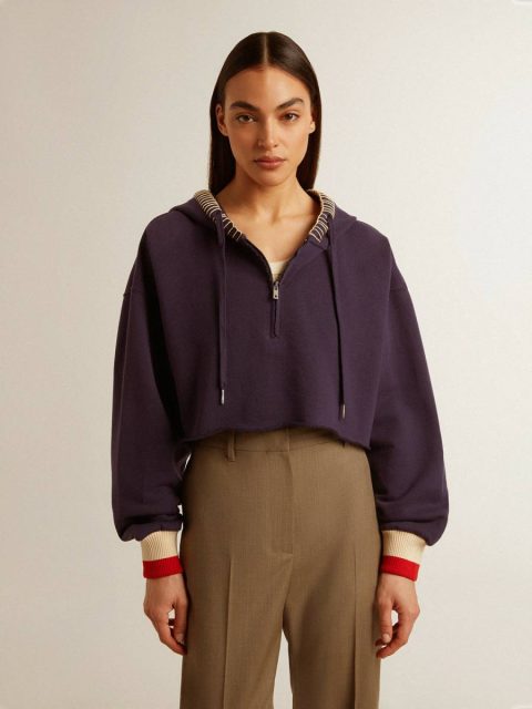 Golden Goose Dark Blue Cropped Sweatshirt With Zip Fastening And Embroidered Hood Women Eclipse Blue Sweatshirts - Image 2