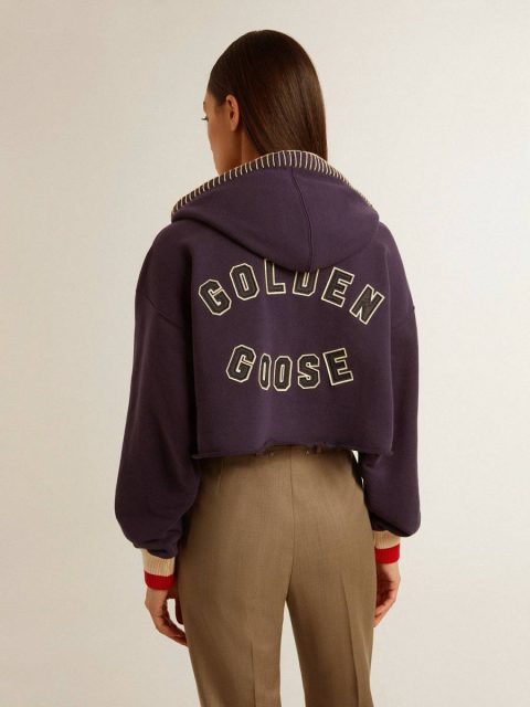 Golden Goose Dark Blue Cropped Sweatshirt With Zip Fastening And Embroidered Hood Women Eclipse Blue Sweatshirts - Image 4