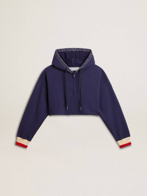 Golden Goose Dark Blue Cropped Sweatshirt With Zip Fastening And Embroidered Hood Women Eclipse Blue Sweatshirts