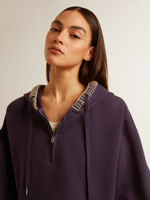 Golden Goose Dark Blue Cropped Sweatshirt With Zip Fastening And Embroidered Hood Women Eclipse Blue Sweatshirts - Image 5