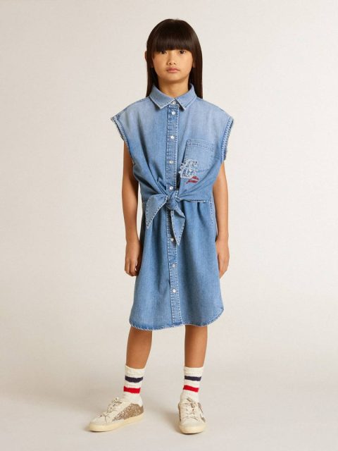 Golden Goose Denim Topwear Selection (4-12 Years) Kids Girls' Denim Dress With Front Knot And Embroidery - Image 2