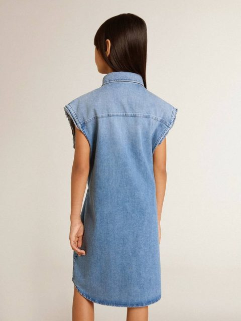 Golden Goose Denim Topwear Selection (4-12 Years) Kids Girls' Denim Dress With Front Knot And Embroidery - Image 3