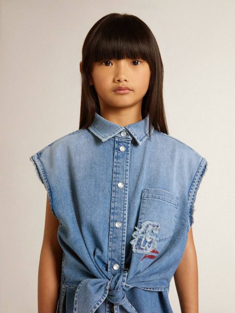 Golden Goose Denim Topwear Selection (4-12 Years) Kids Girls' Denim Dress With Front Knot And Embroidery - Image 4