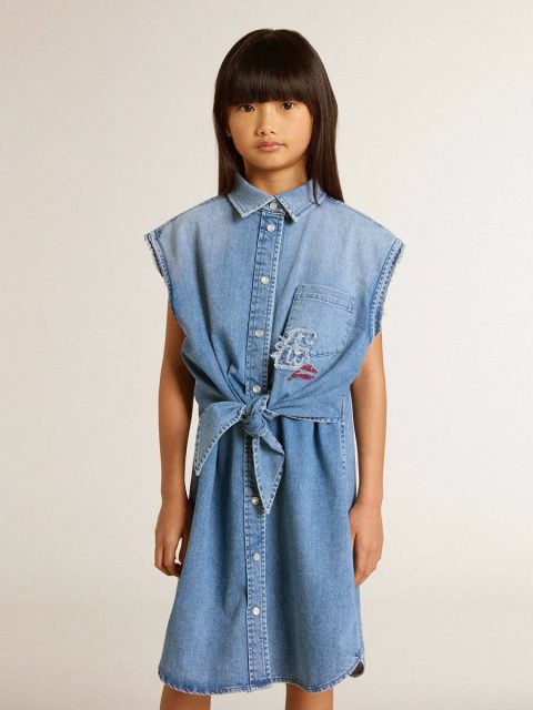 Golden Goose Denim Topwear Selection (4-12 Years) Kids Girls' Denim Dress With Front Knot And Embroidery