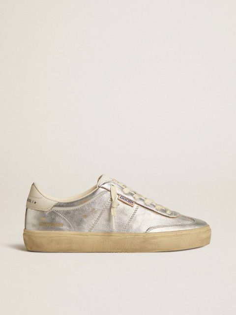 Golden Goose Ggdb Classics Women Soul Star In Metallic Silver Leather With White Leather Heel Tab
