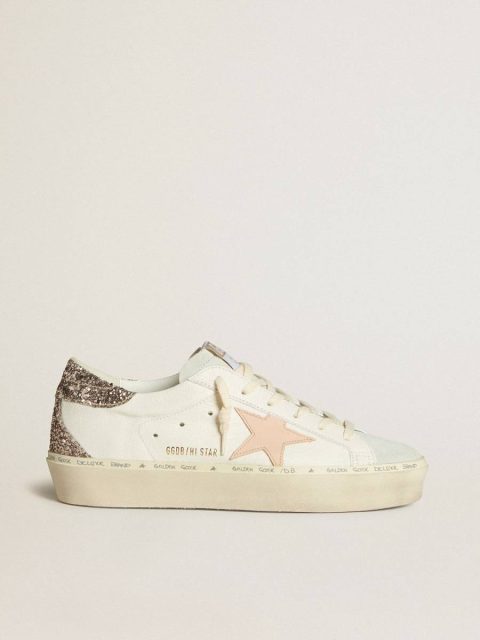 Golden Goose Hi Star Women Hi Star In White Nappa With Pink Leather Star And Glitter Heel Tab
