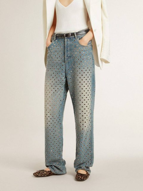 Golden Goose Jeans & Pants Women's Washed Jeans With All-Over Eyelets Women Light Blue - Image 2