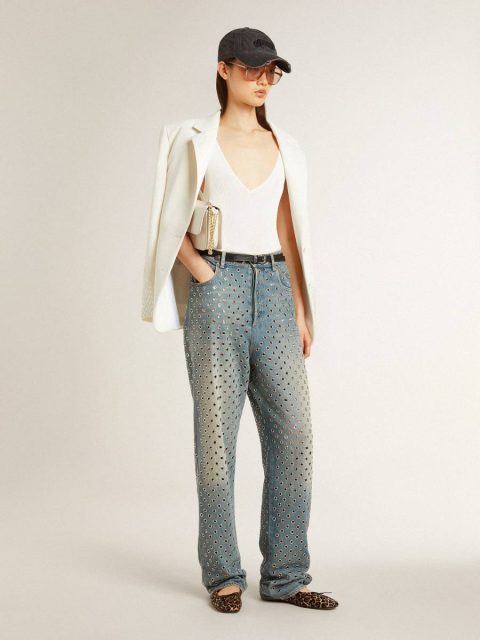 Golden Goose Jeans & Pants Women's Washed Jeans With All-Over Eyelets Women Light Blue - Image 3