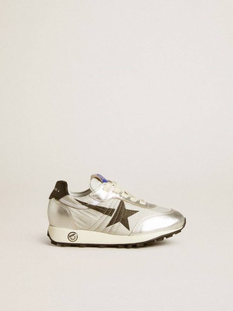 Golden Goose Junior Marathon In Silver Nylon With Black Star And Leather Heel Tab Kids Little Boys (1-3 Years)