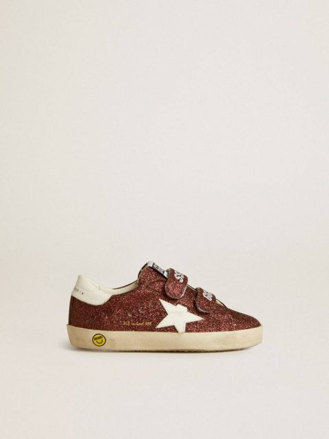 Golden Goose Kids Old School Junior In Burgundy Glitter With Leather Star And Heel Tab Little Boys (1-3 Years)