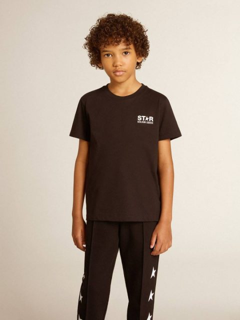 Golden Goose Kids Topwear Selection (4-12 Years) Black Black T-Shirt With Contrasting White Logo On The Front And Maxi Star On The Back - Image 3