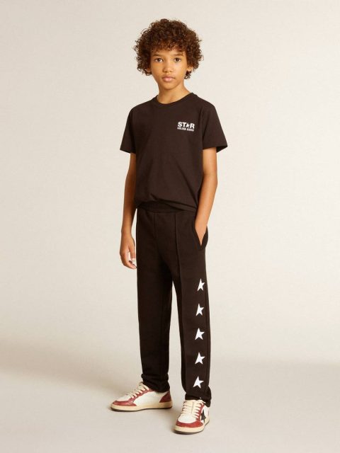 Golden Goose Kids Topwear Selection (4-12 Years) Black Black T-Shirt With Contrasting White Logo On The Front And Maxi Star On The Back - Image 4