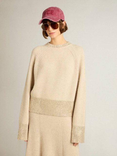 Golden Goose Knitwear Beige Women's Boxy Sweater In Wool With Hotfix Crystal Decoration Women - Image 3
