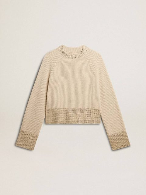 Golden Goose Knitwear Beige Women's Boxy Sweater In Wool With Hotfix Crystal Decoration Women