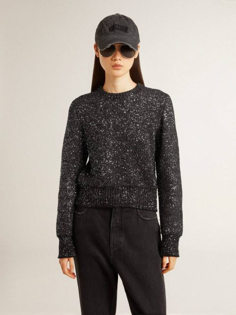 Golden Goose Knitwear Women's Black Wool Blend Cropped Sweater With All-Over Sequins Black Women - Image 2