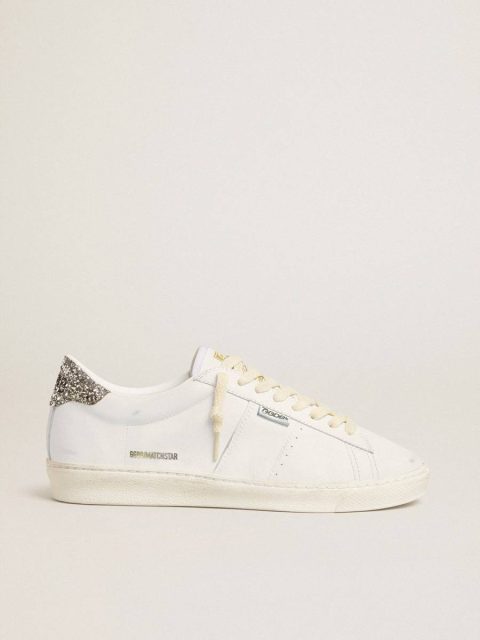 Golden Goose Matchstar In White Leather With Silver Glitter Heel Tab White Women Ggdb Classics