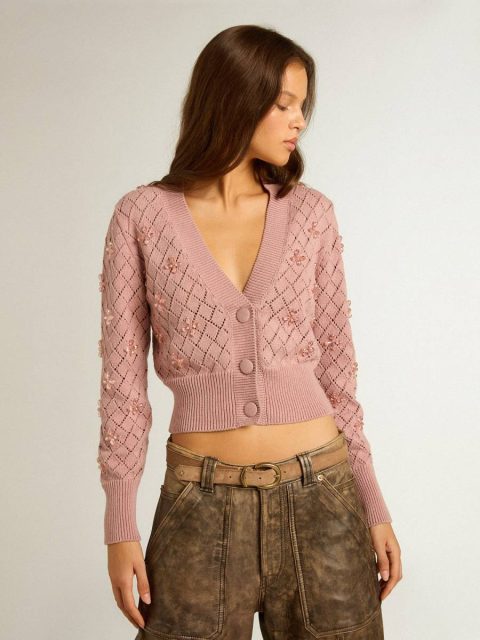Golden Goose Mauve Knitwear Women Openwork Cotton Cropped Cardigan With Decorative Crystals - Image 2