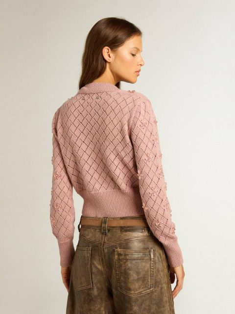 Golden Goose Mauve Knitwear Women Openwork Cotton Cropped Cardigan With Decorative Crystals - Image 4