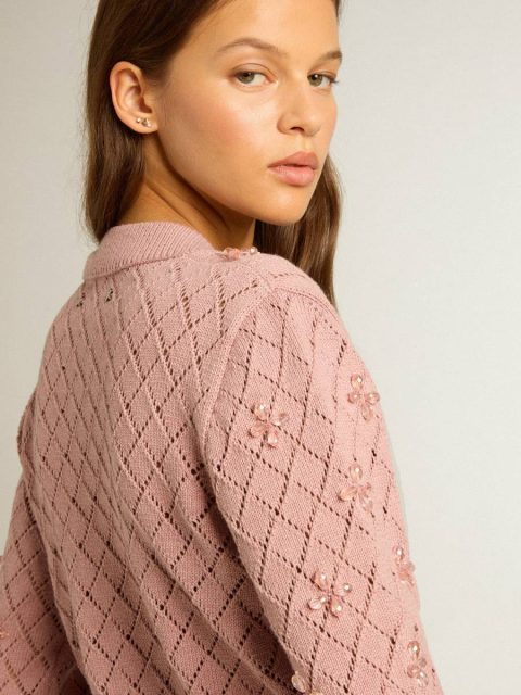 Golden Goose Mauve Knitwear Women Openwork Cotton Cropped Cardigan With Decorative Crystals - Image 5