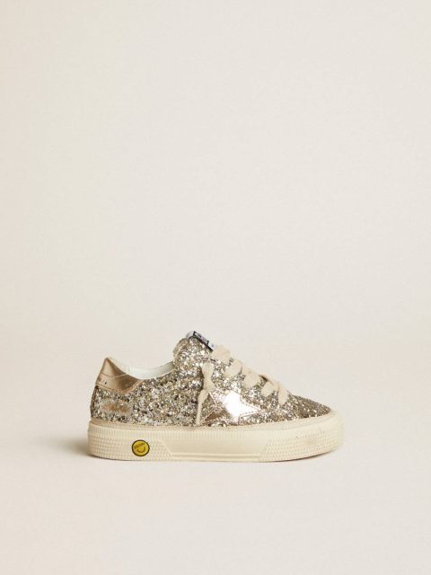 Golden Goose May Junior In Platinum Glitter With Metallic Leather Star And Heel Tab Kids Little Girls (1-3 Years)