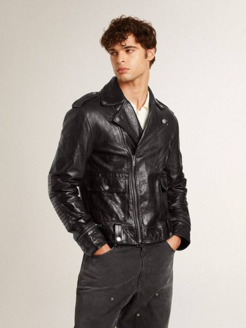 Golden Goose Men Black Coats & Jackets Men’s Black Leather Biker Jacket With Glossy Effect - Image 3