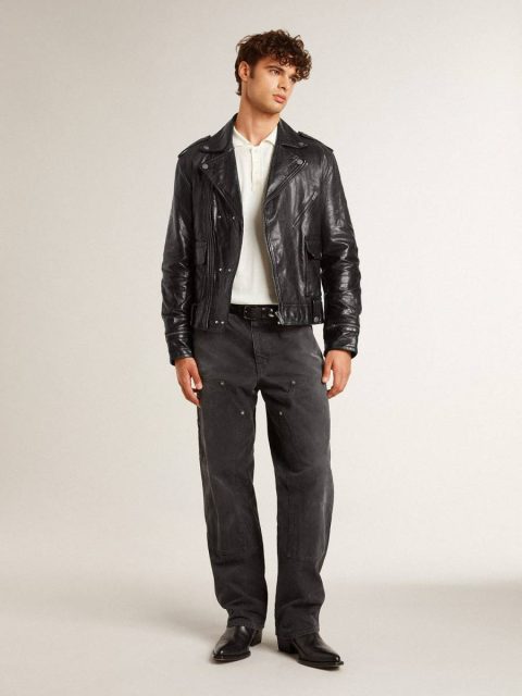 Golden Goose Men Black Coats & Jackets Men’s Black Leather Biker Jacket With Glossy Effect - Image 4