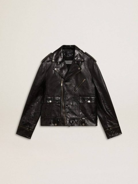 Golden Goose Men Black Coats & Jackets Men’s Black Leather Biker Jacket With Glossy Effect