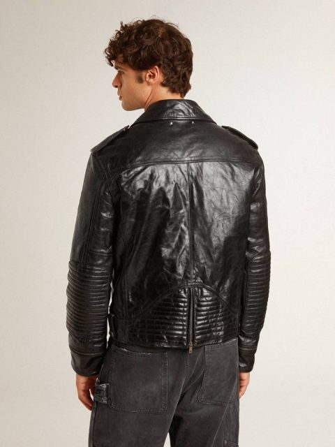 Golden Goose Men Black Coats & Jackets Men’s Black Leather Biker Jacket With Glossy Effect - Image 5